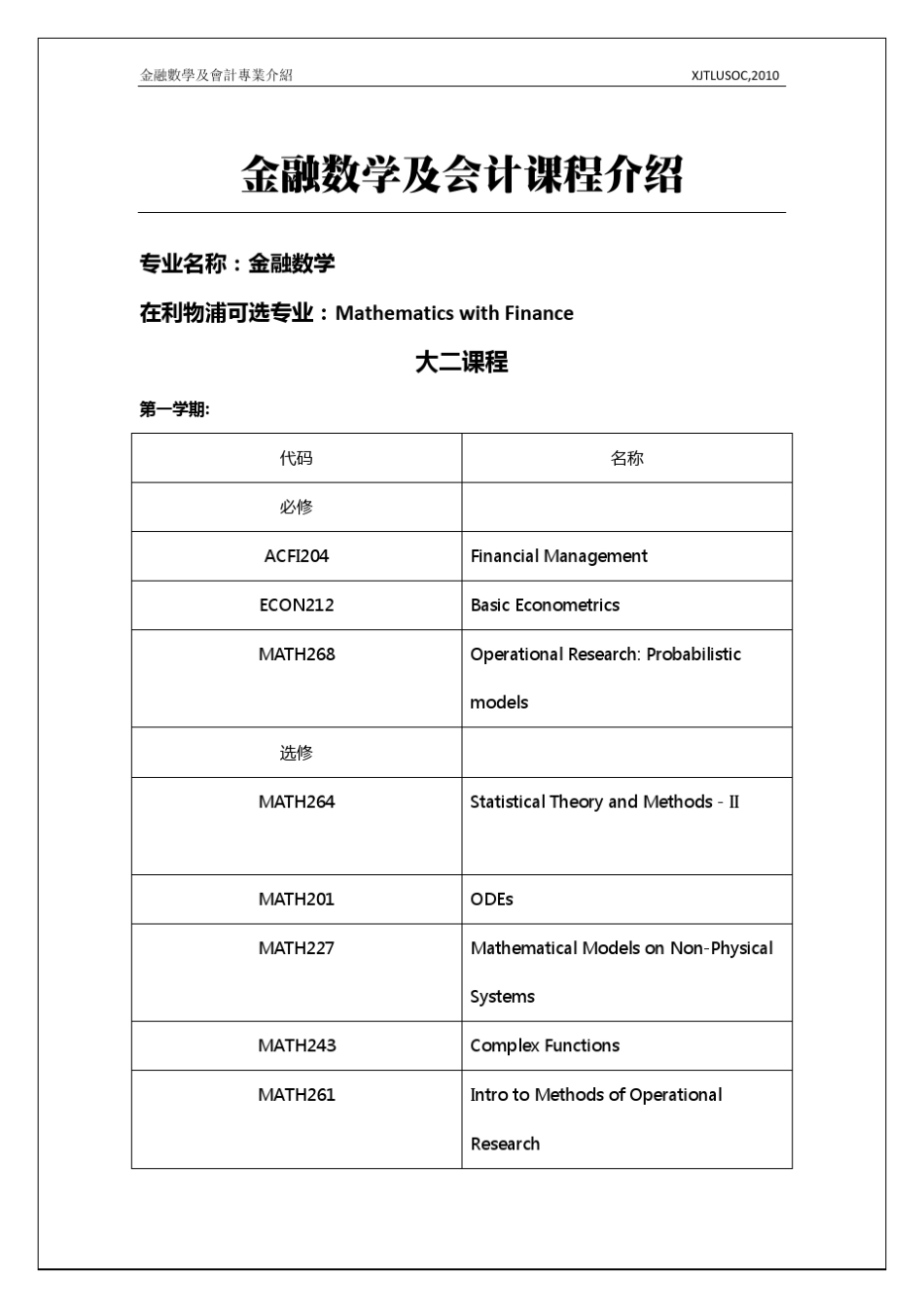 XJTLUSOC,2010金融数学及会计课程介绍专业名称_第1页