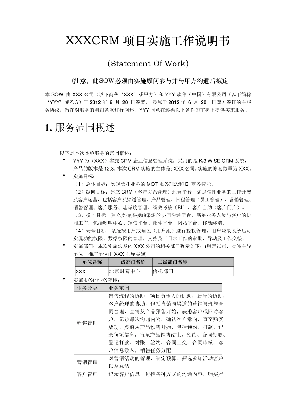 XXX公司CRM项目实施工作说明书(SOW)_第1页