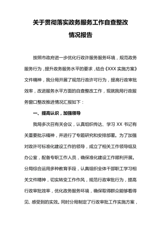 XXX局政务服务工作自查整改工作报告