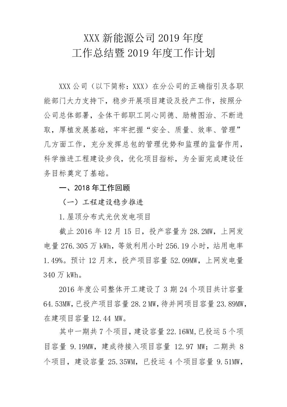 XXX新能源公司2018年度工作总结暨2019年工作计划(最终版)_第1页