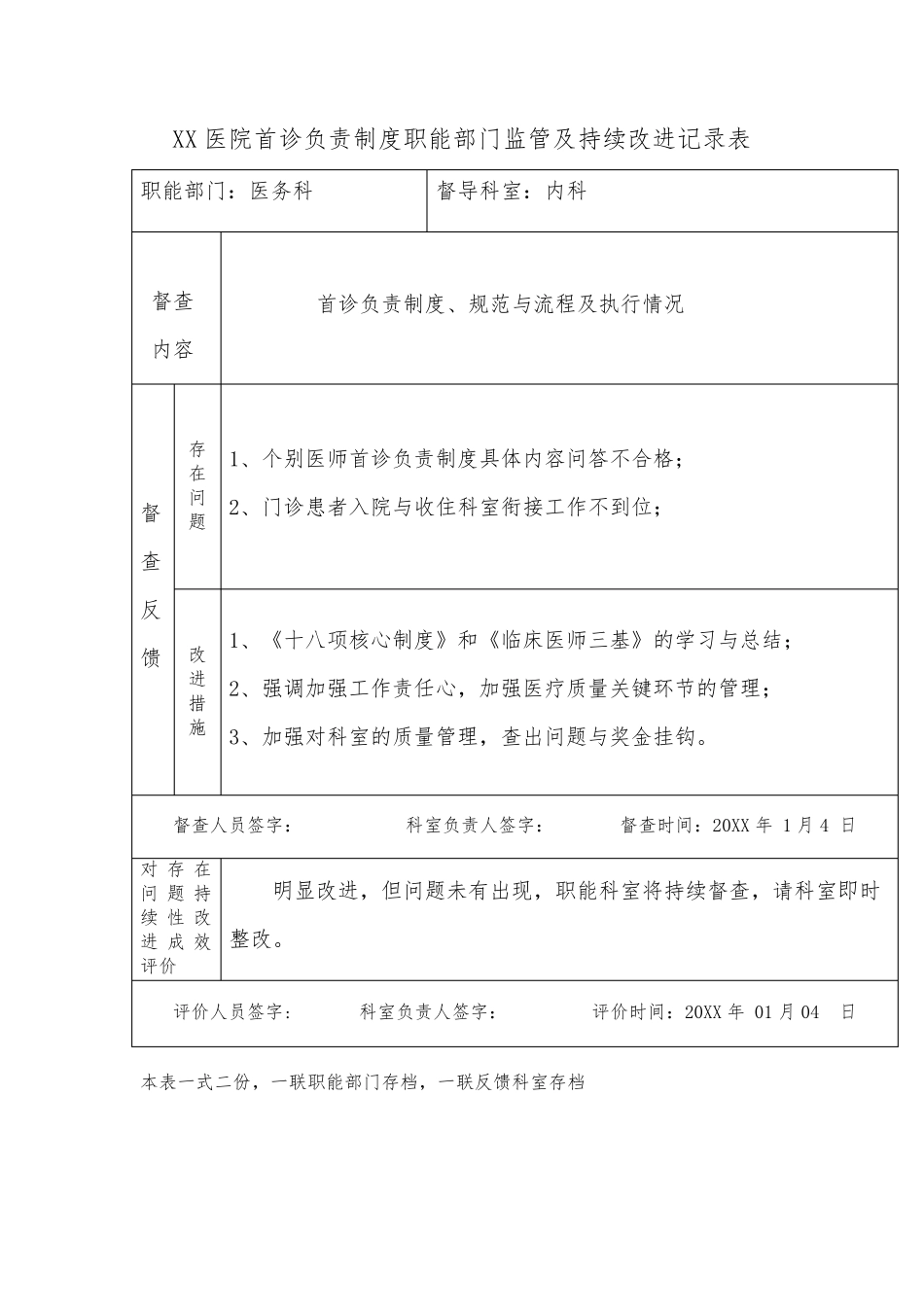 XX医院首诊负责制度职能部门监管及持续改进记录表_第1页
