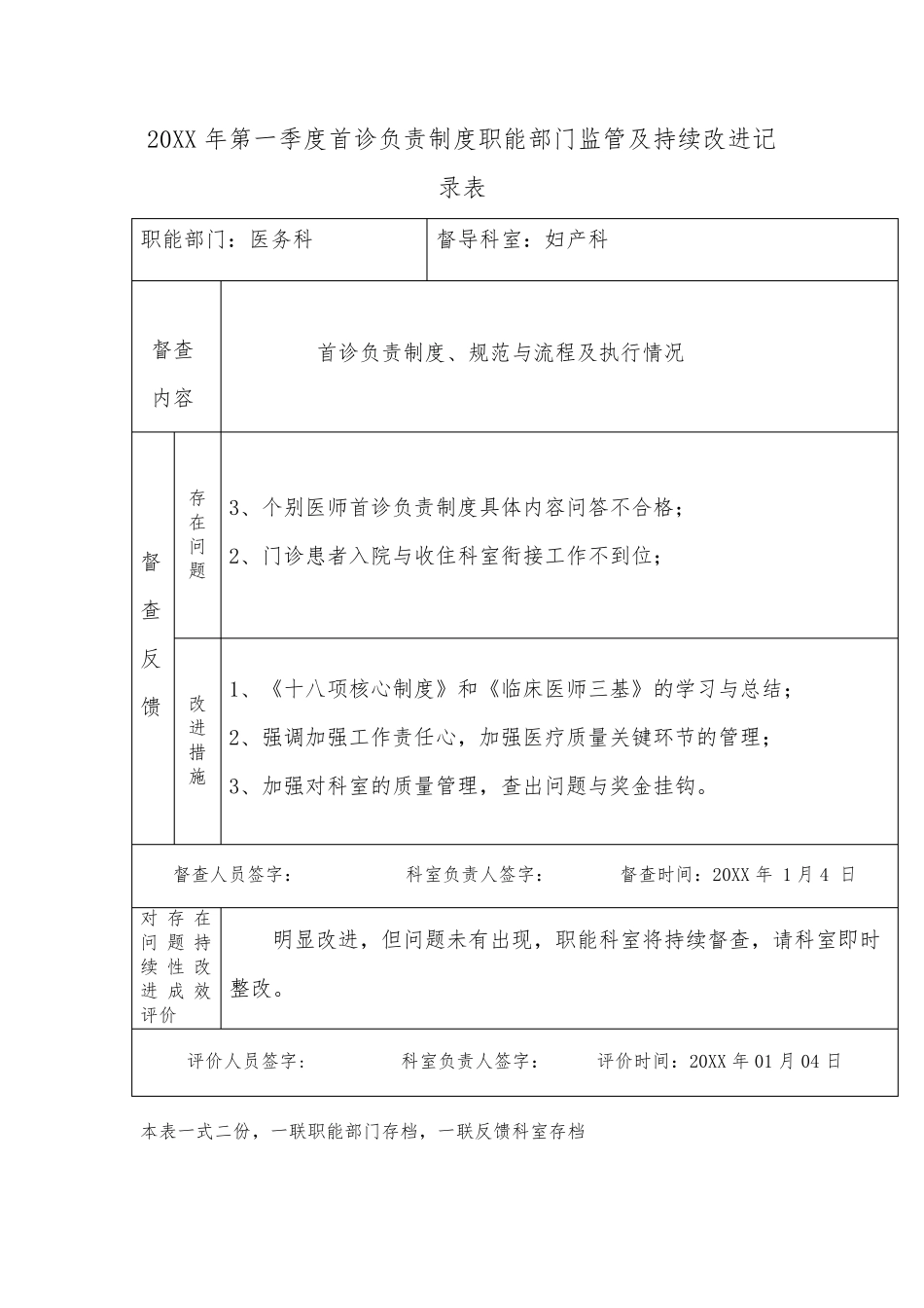 XX医院首诊负责制度职能部门监管及持续改进记录表_第3页