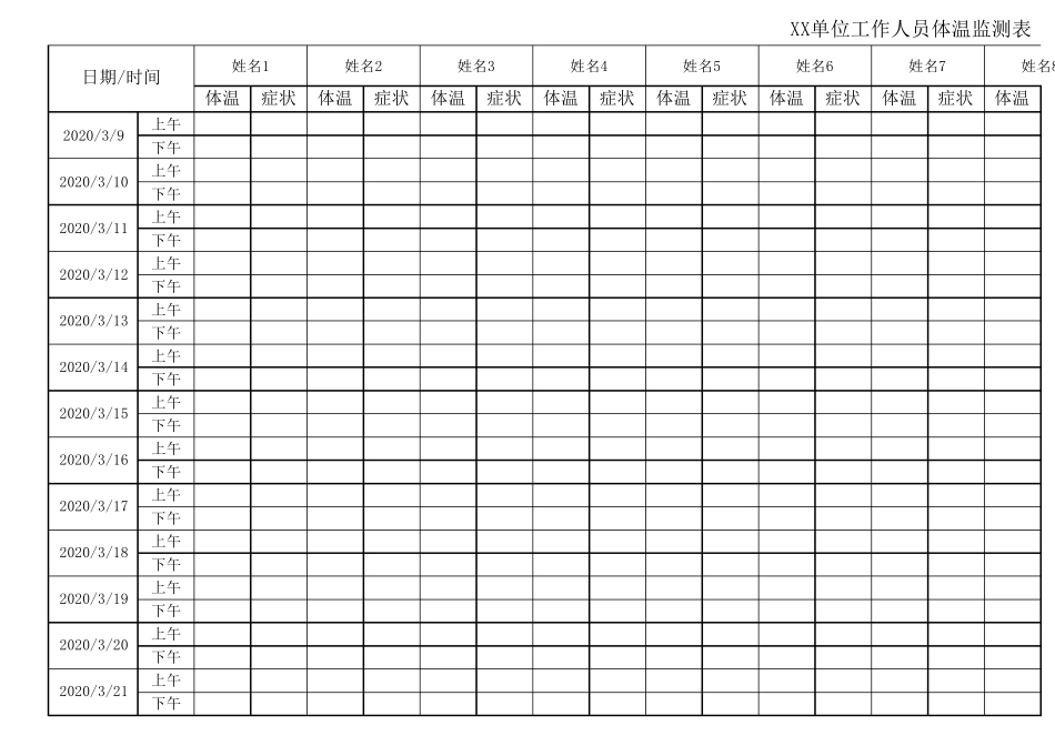 XX单位职工体温监测表EXCEL模板_第2页