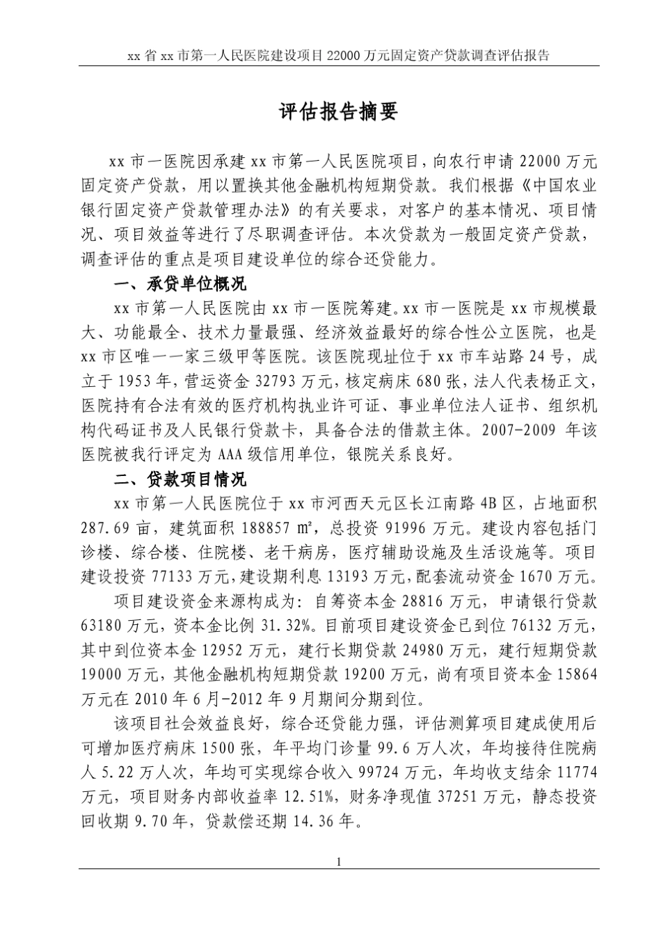 XX市第一人民医院项目贷款调查评估报告_第1页