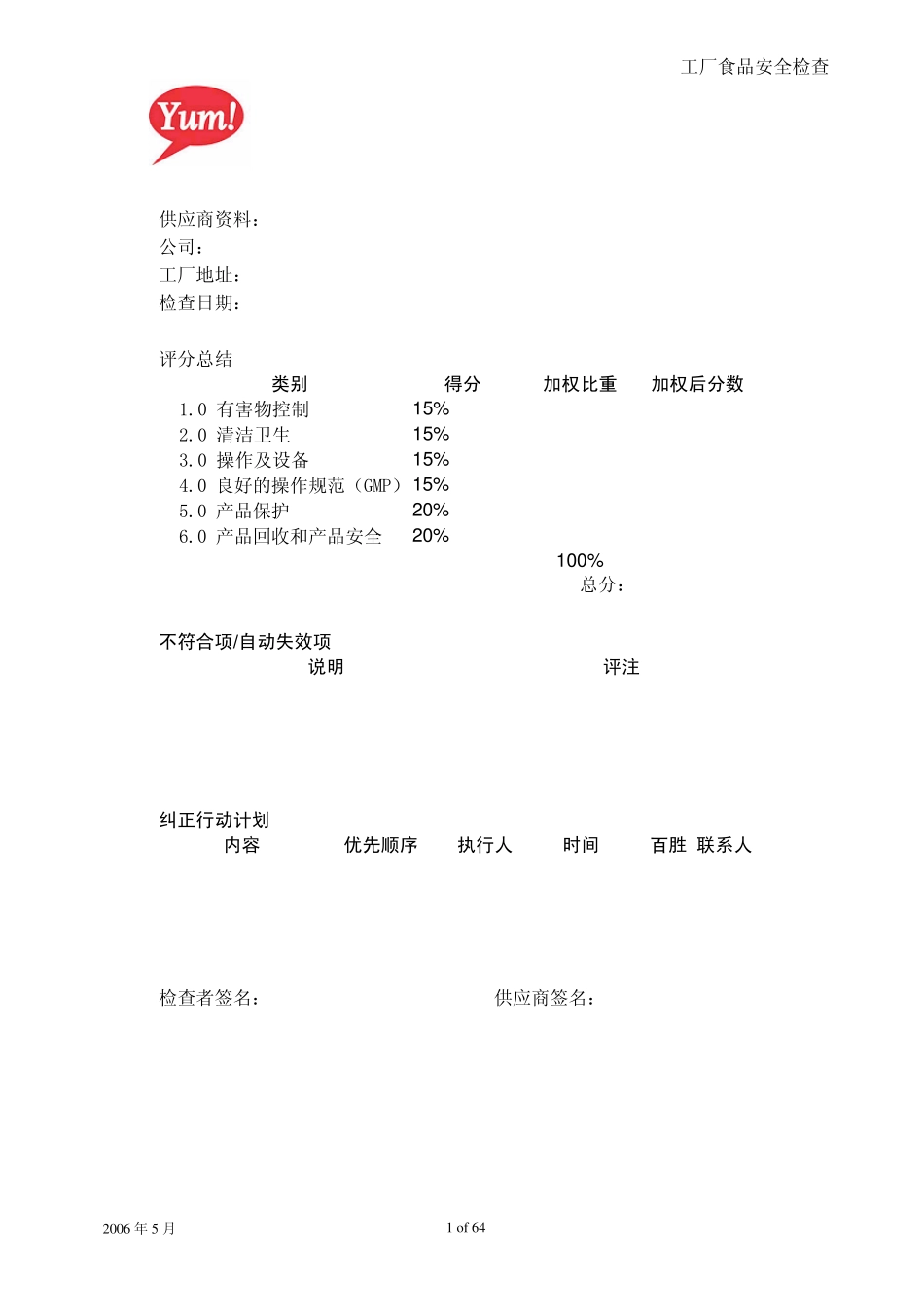 yum工厂食品安全审核(食品类)_第1页
