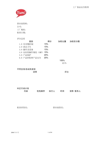 yum工厂食品安全审核(食品类)