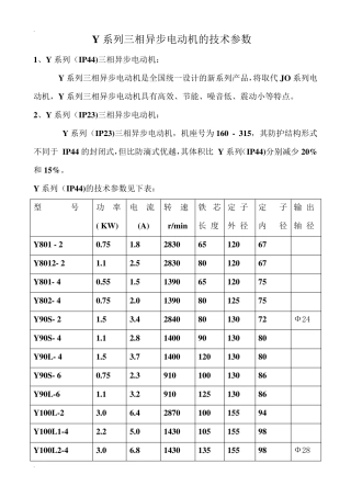 Y系列三相异步电动机的技术参数