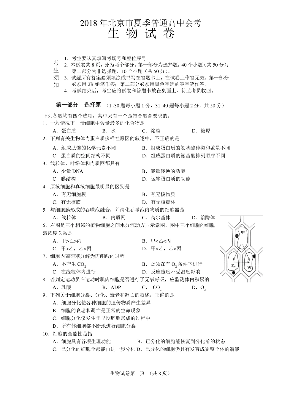 [2018夏季会考]生物试卷及答案_第1页