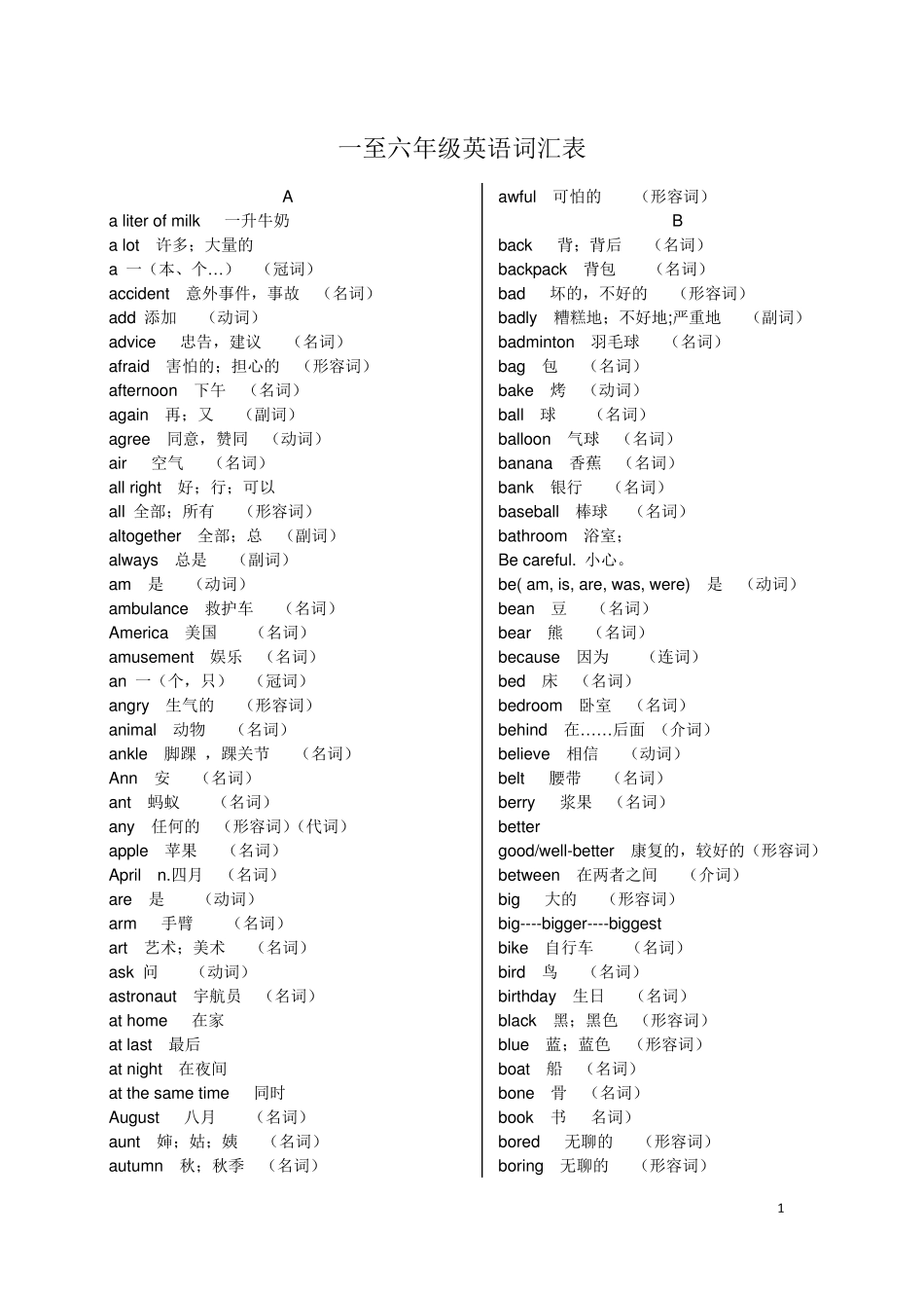 [免费下载]一至六年级英语词汇表_第1页