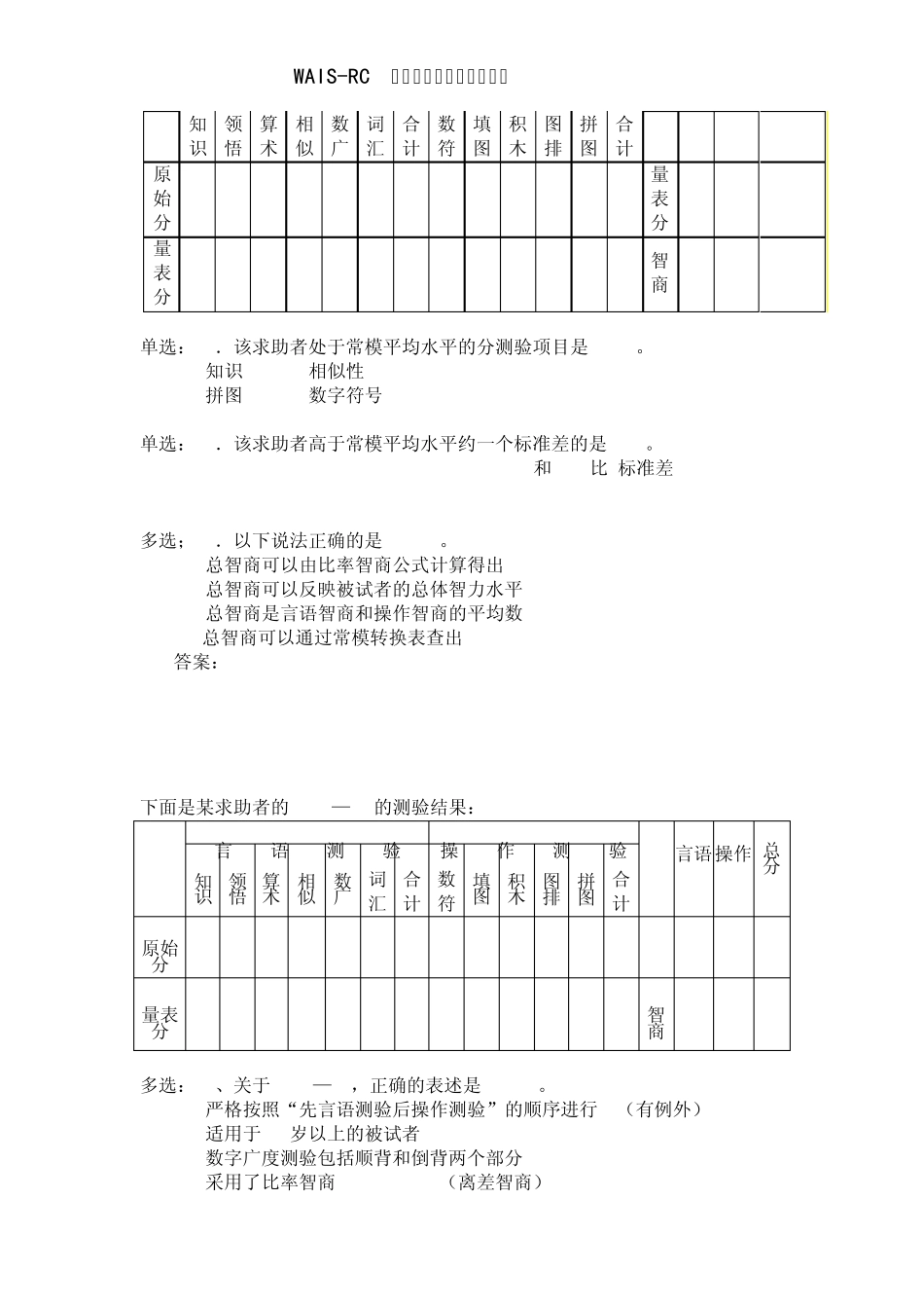 [心理咨询师二级考试]韦氏智力测验WAISRC及WISC儿童量表考点总结及历年真题_第3页