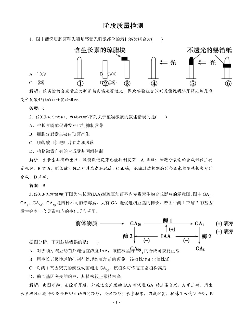 [智慧测评]2015高考生物总复习作业：必修3第3章植物的激素调节阶段质量检测_第1页