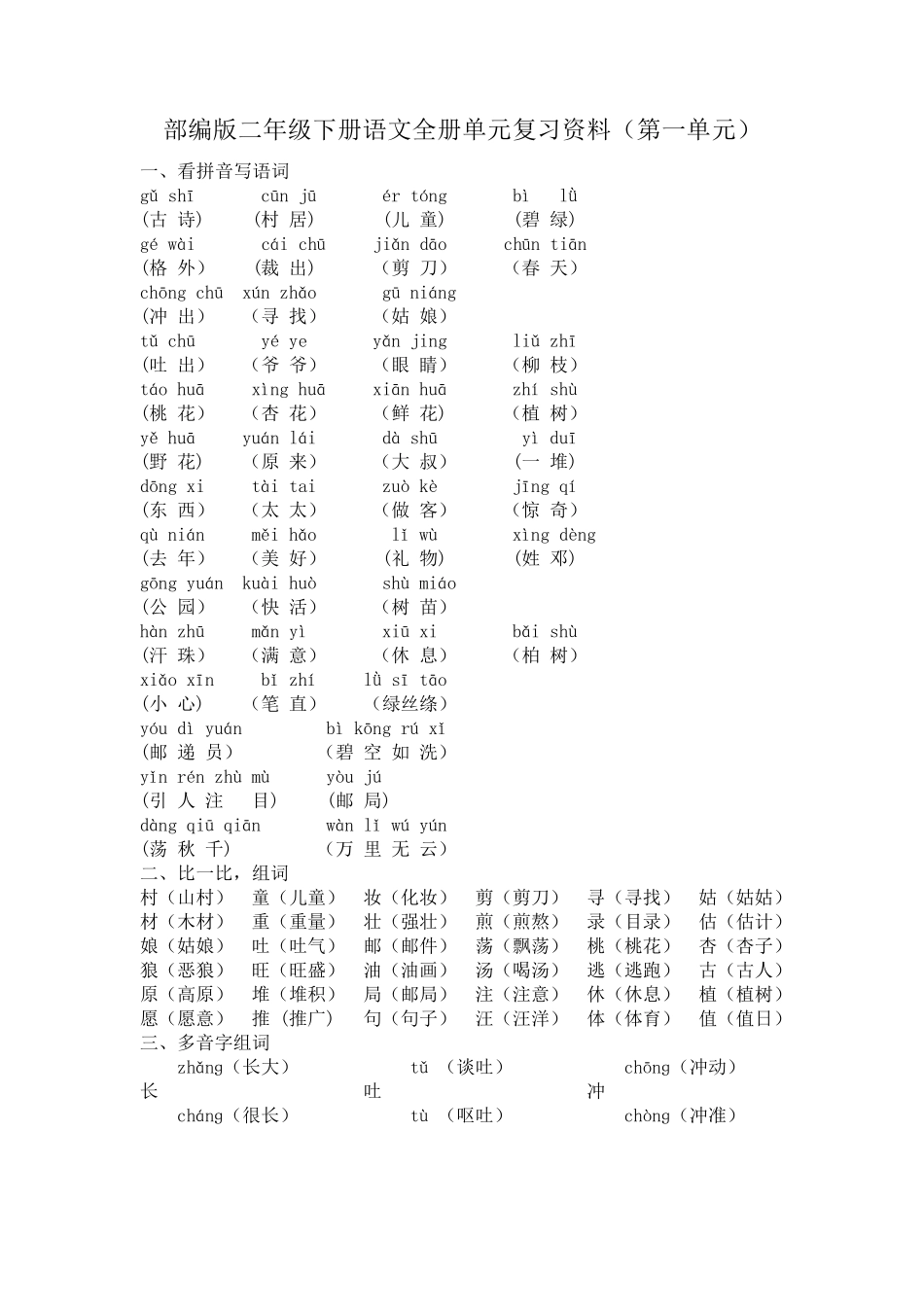 [最新部编版语文二年级下册]全册单元复习知识点考点资料_第1页