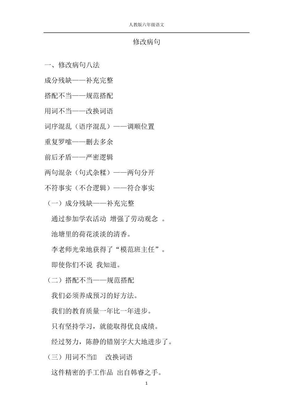 [极力推荐]人教版六年级语文修改病句练习附答案_第1页
