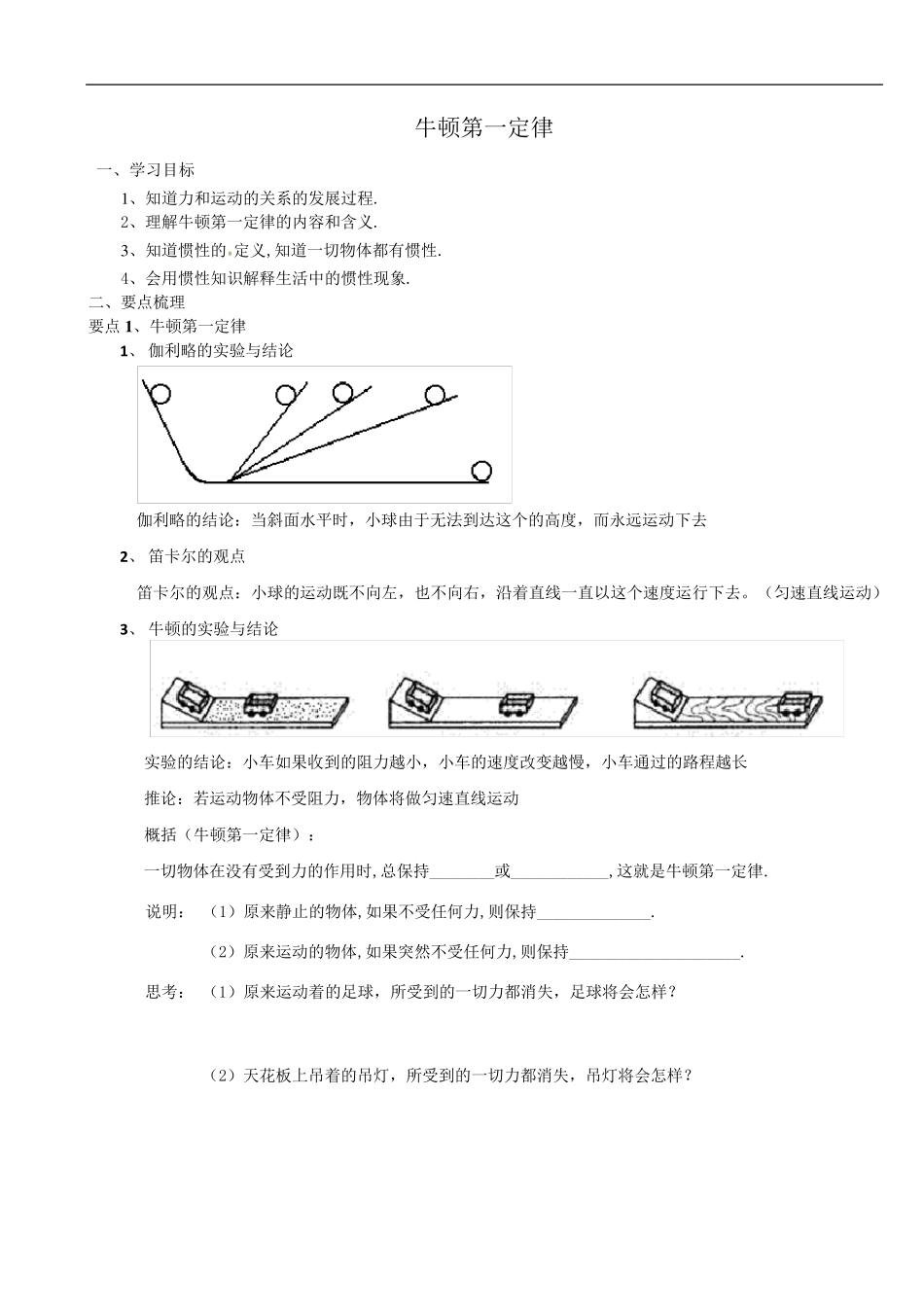 [牛顿第一定律、惯性]知识总结、典型例题及变式练习_第1页