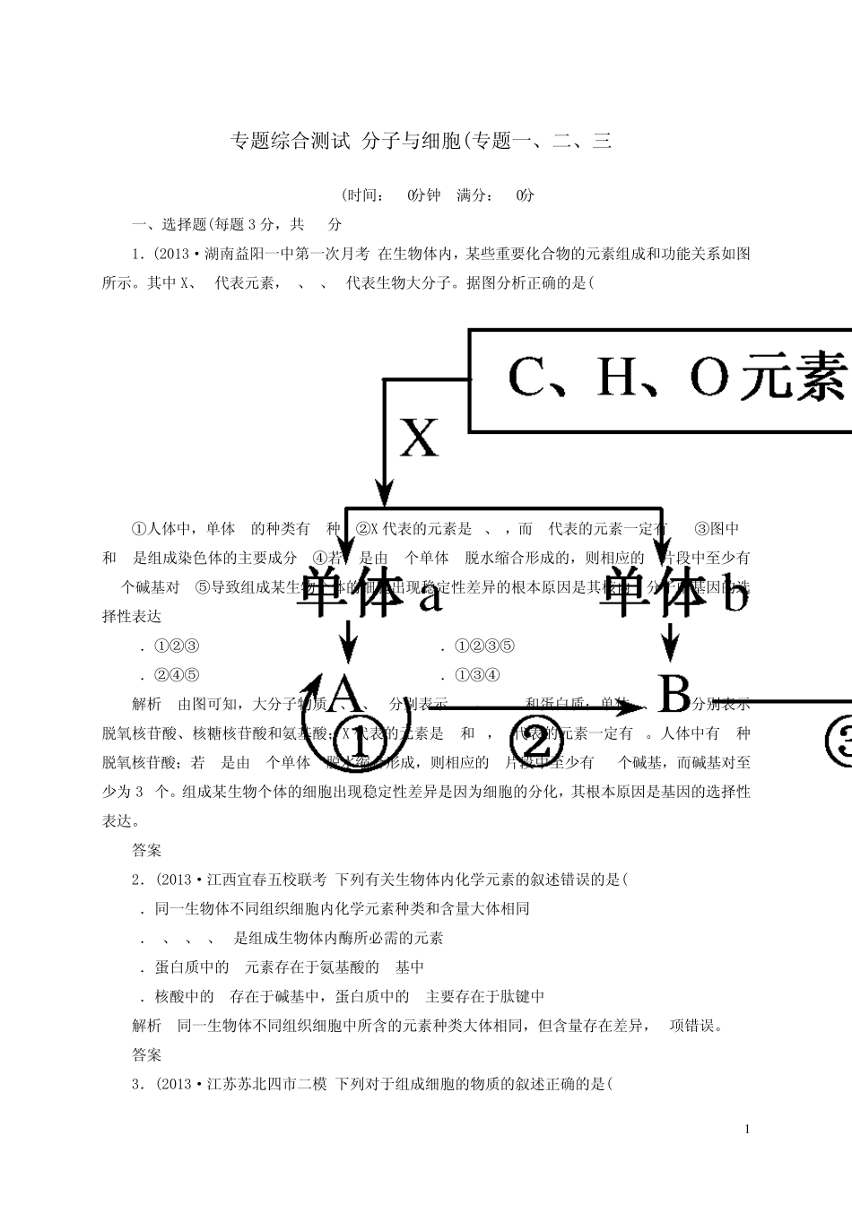 [状元之路](新课标)2014届高考生物二轮复习钻石卷专题综合测试分子与细胞(含13年高考真题、模拟)_第1页