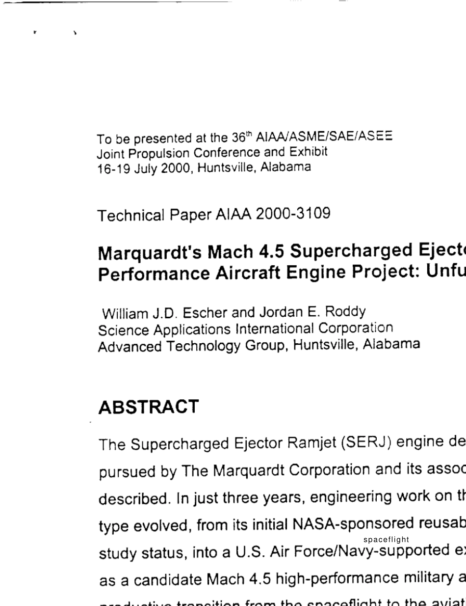 [美国4.5马赫变循环发动机解密文件]Marquardt39;sMach4.5SuperchargedEjectorRamjet(SERJ)HighPerfor_第1页