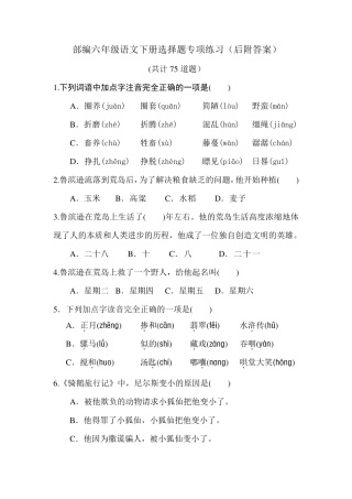 [部编版六年级下册语文]选择题专项复习练习共75道题