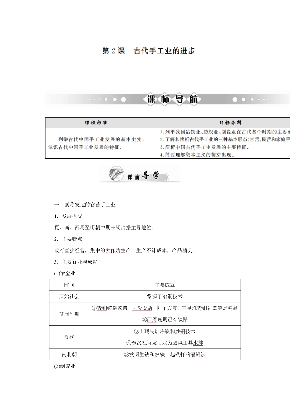 [金版学案]20152016学年高一历史人教版必修2同步辅导与检测：第2课古代手工业的进步Word版含答案_第1页