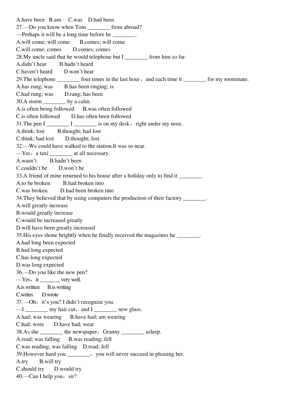 [高中英语时态语态练习题附答案]_第3页