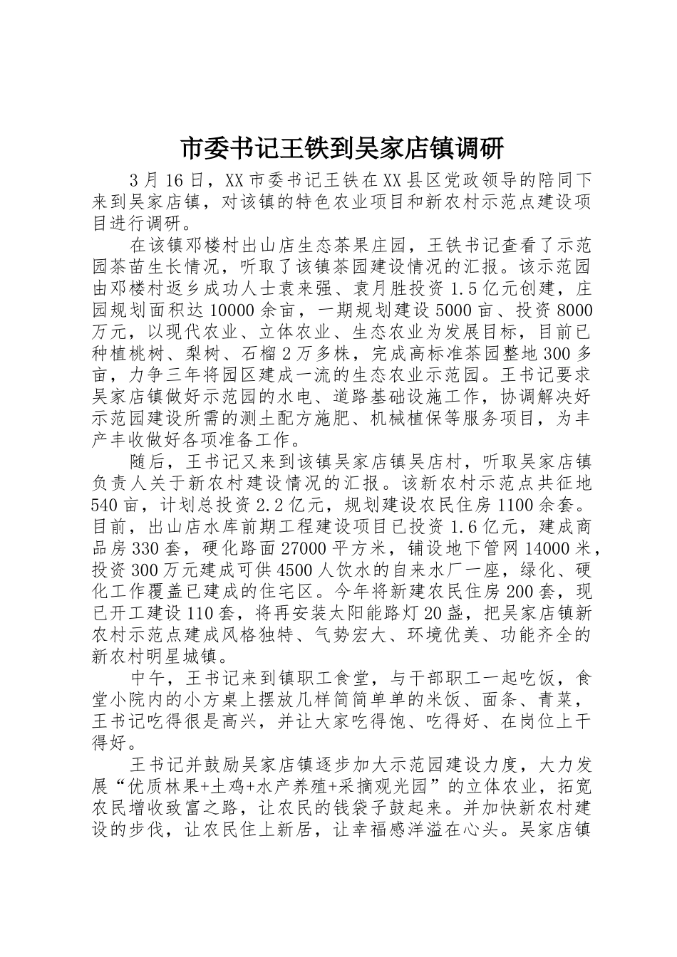 市委书记王铁到吴家店镇调研_第1页