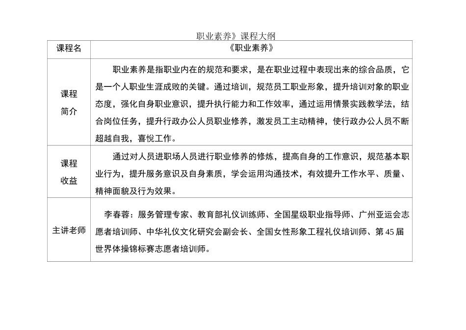 《职业素养》课程大纲安排_第1页