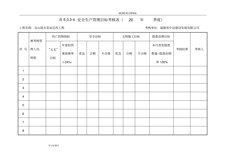 每季度安全生产管理目标考核表_第1页