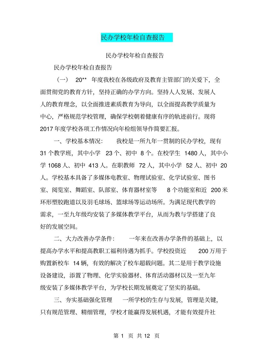 民办学校年检自查报告【可编辑版】_第1页