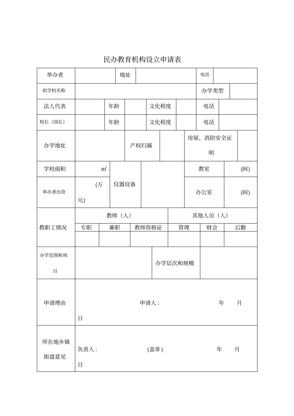 民办教育机构设立申请表_第1页