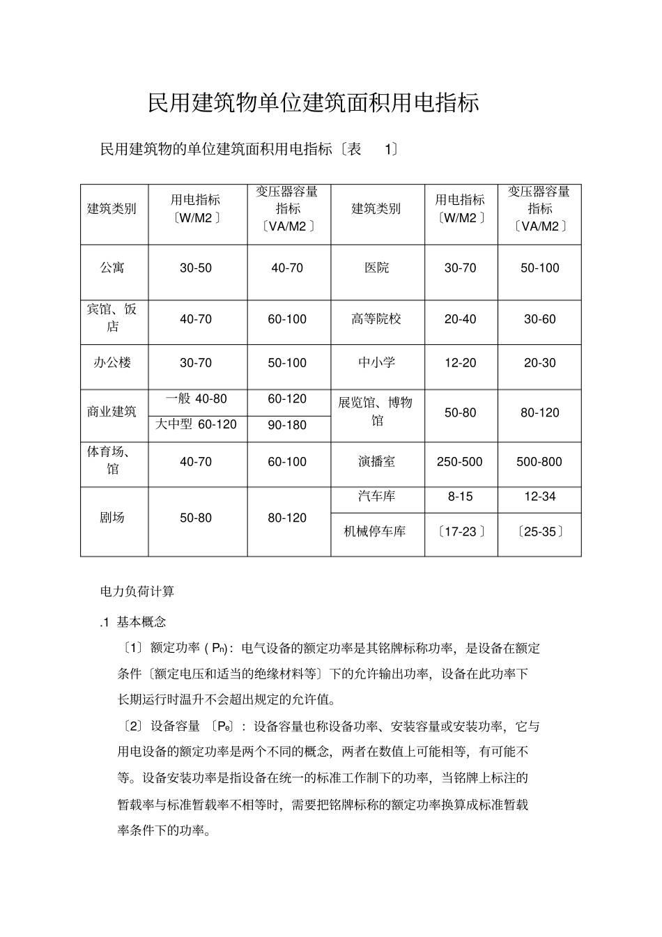 民用建筑物单位建筑面积用电指标_第1页