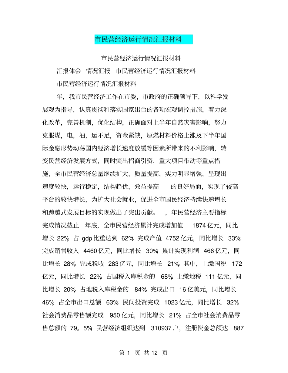 民营经济运行情况汇报材料_第1页