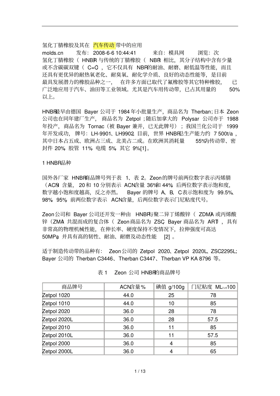 氢化丁腈橡胶及其在汽车传动带中应用技术_第1页