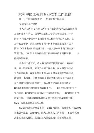 水利中级工程师专业技术工作总结