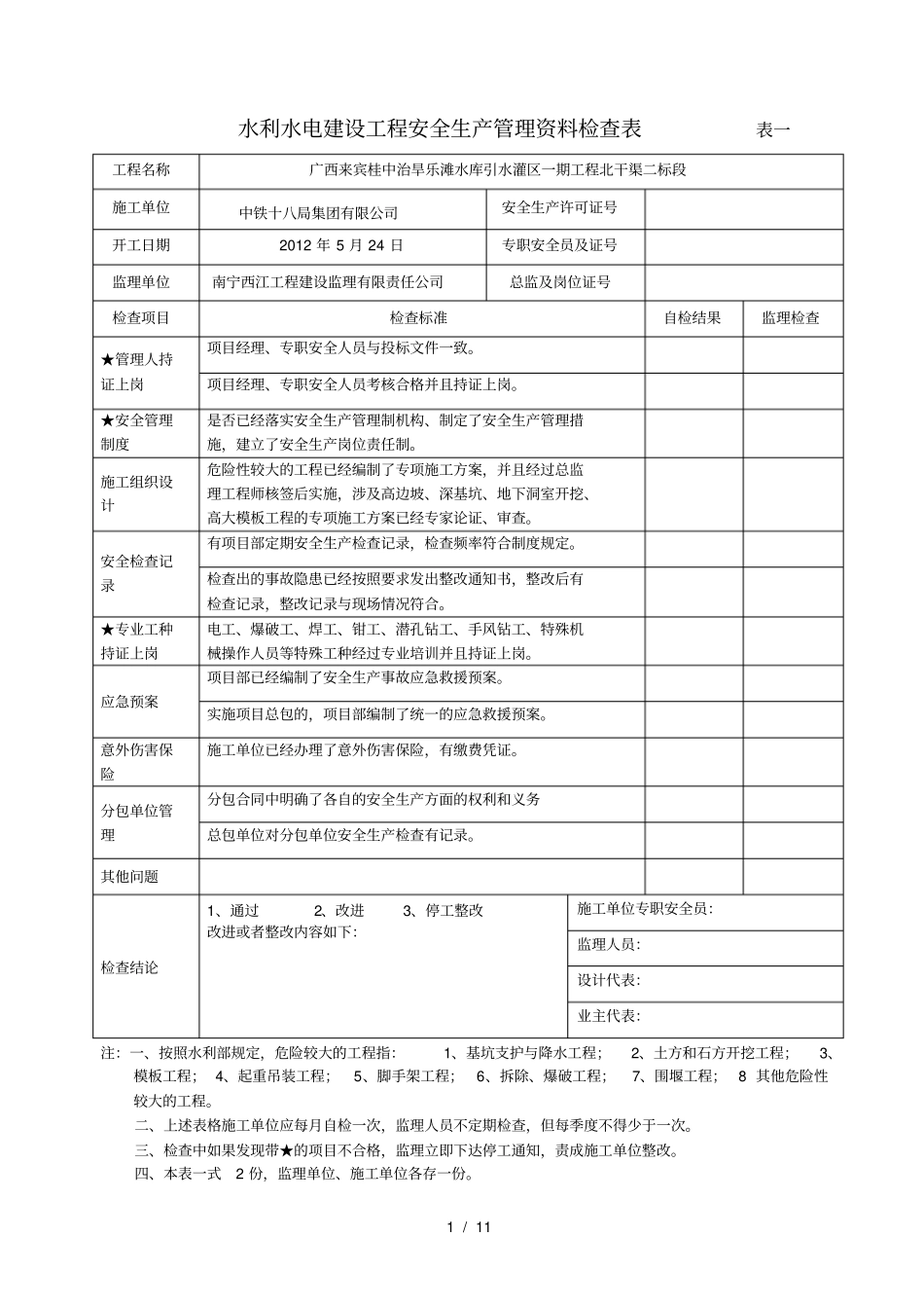 水利水电建设工程安全生产检查表_第1页