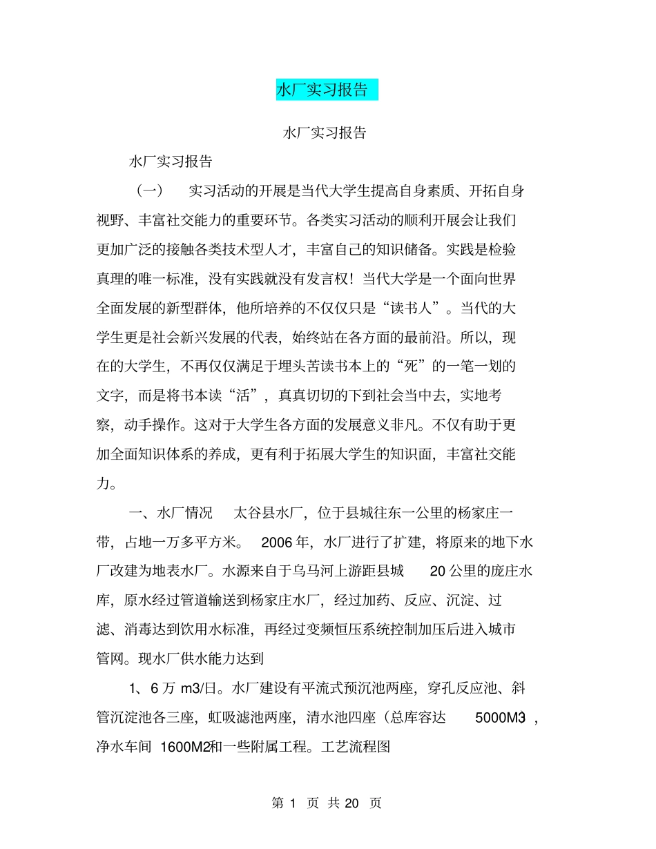 水厂实习报告【可编辑版】_第1页