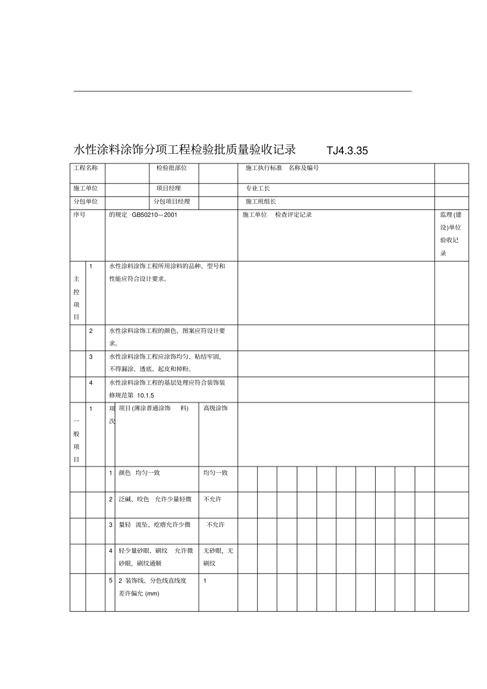 水性涂料涂饰分项工程检验批质量验收记录_第1页