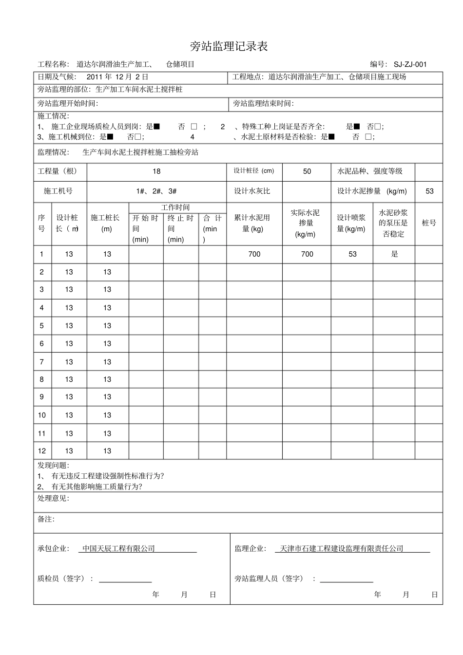 水泥搅拌桩旁站监理记录表_第1页