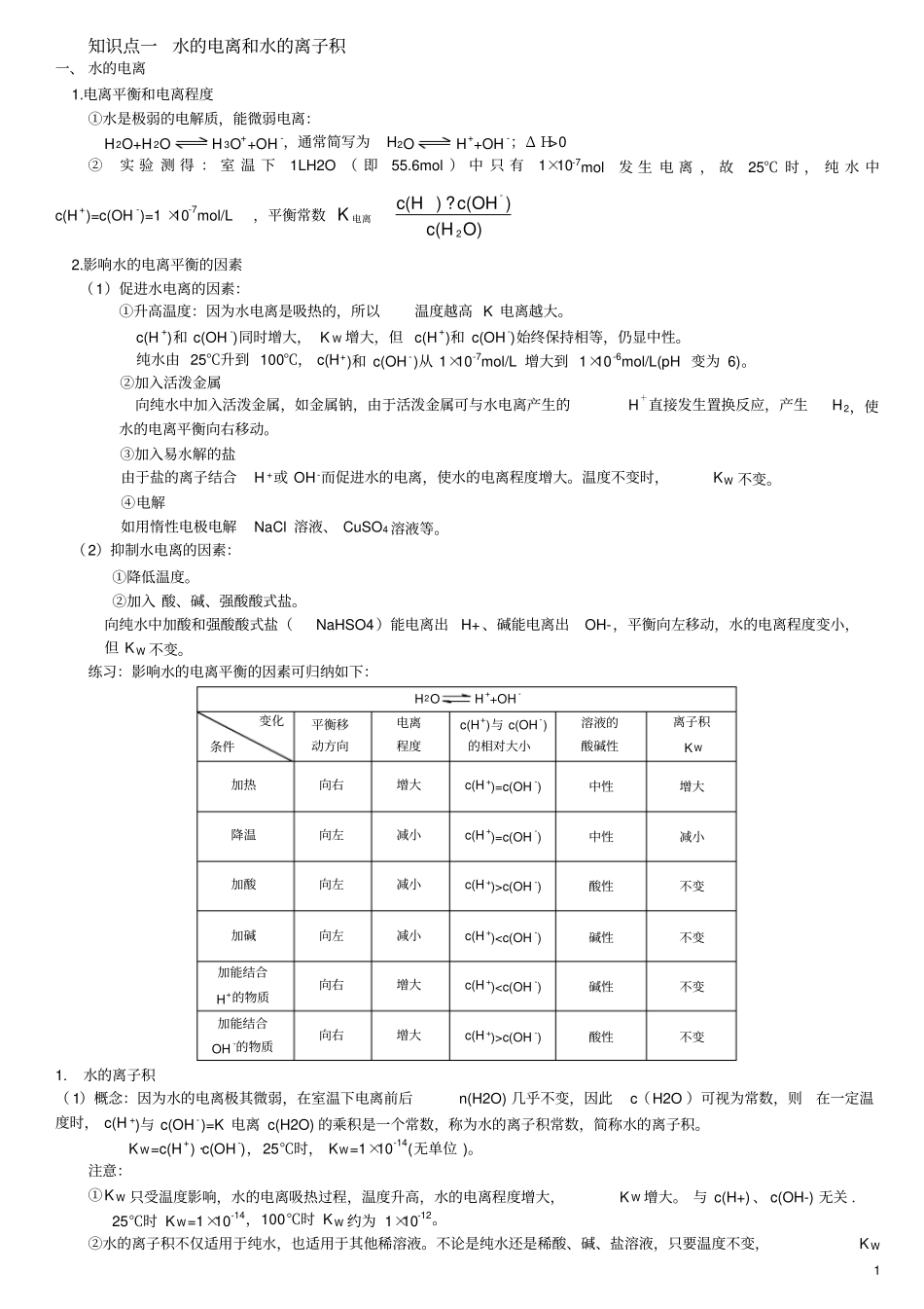水的电离和溶液的酸碱性知识点_第1页
