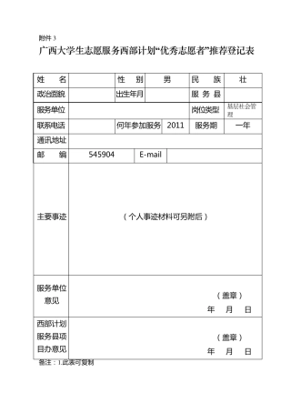 “西部计划”志愿者个人主要事迹材料