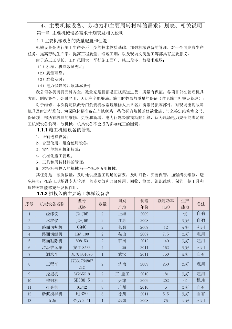 、主要机械设备、劳动力和主要周转材料的需求计划表、相关说明_第1页