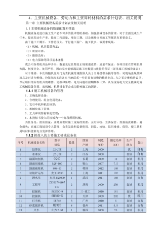 、主要机械设备、劳动力和主要周转材料的需求计划表、相关说明