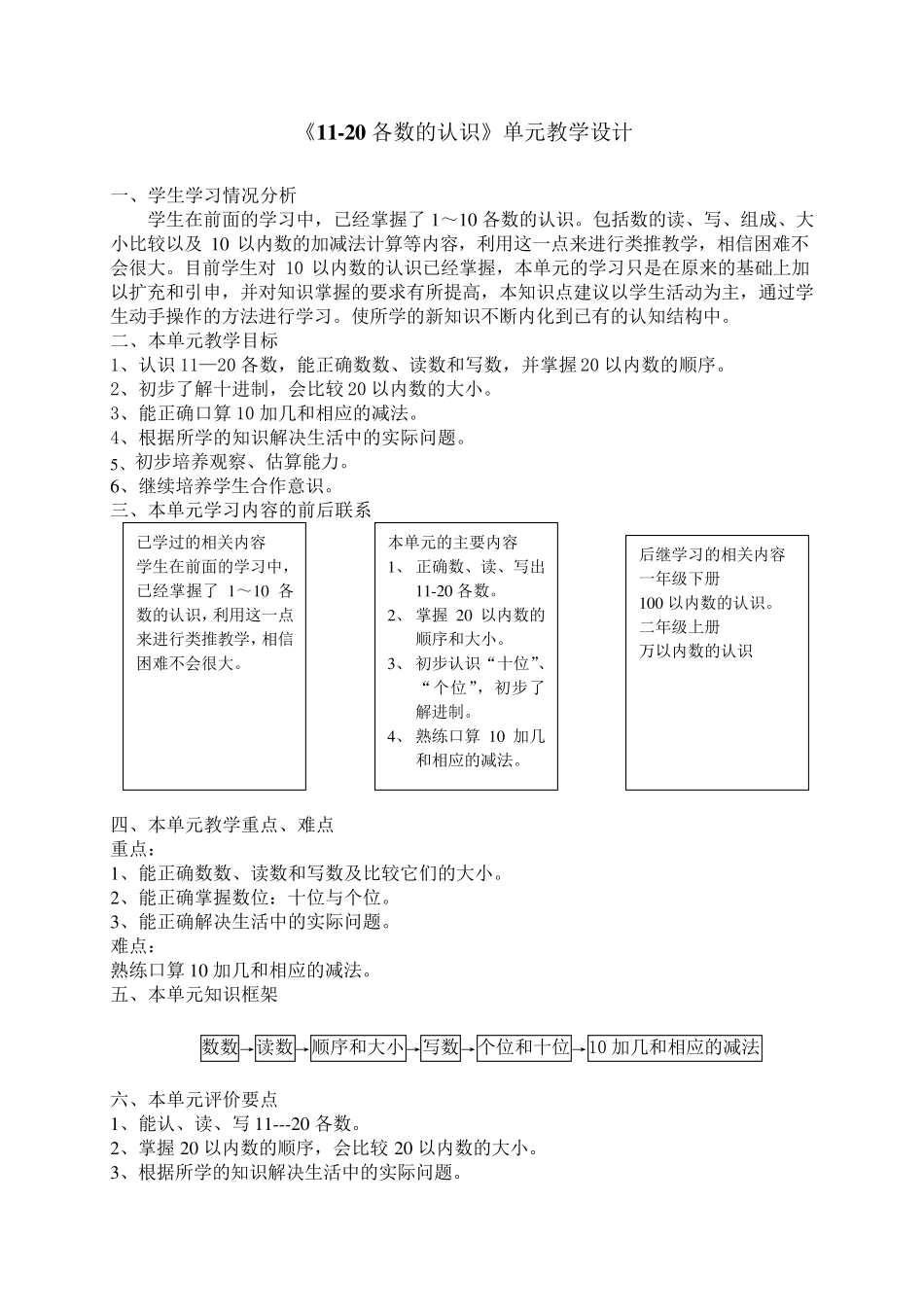 《1120各数的认识》单元教学设计_第1页