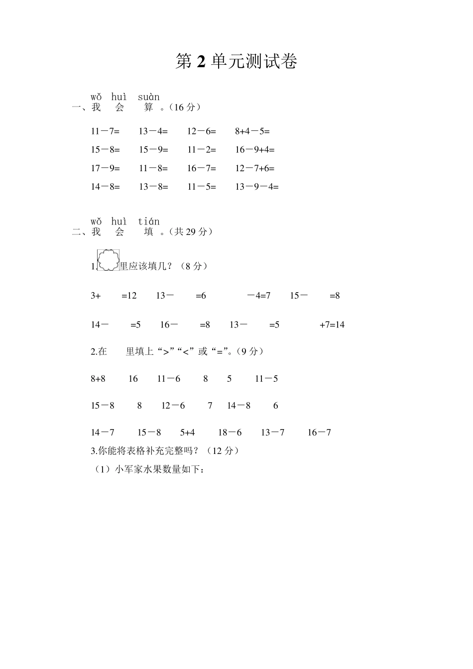 《20以内的退位减法》单元测试卷_第1页