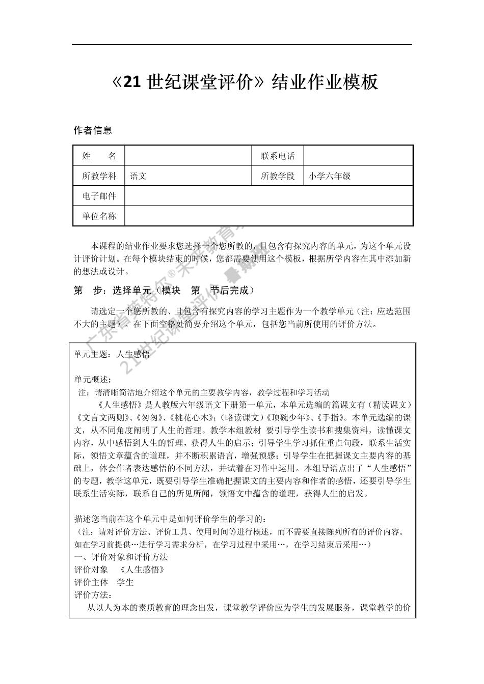 《21世纪课堂评价》结业作业模板语文_第1页