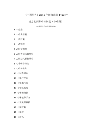 《中国药典》2015年版收载的1493种中成药