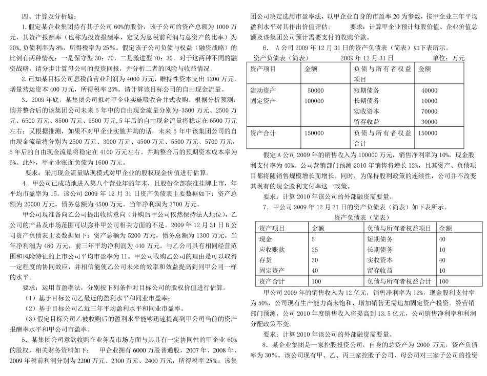 《企业集团财务管理》综合练习题参考答案(10秋)_第1页