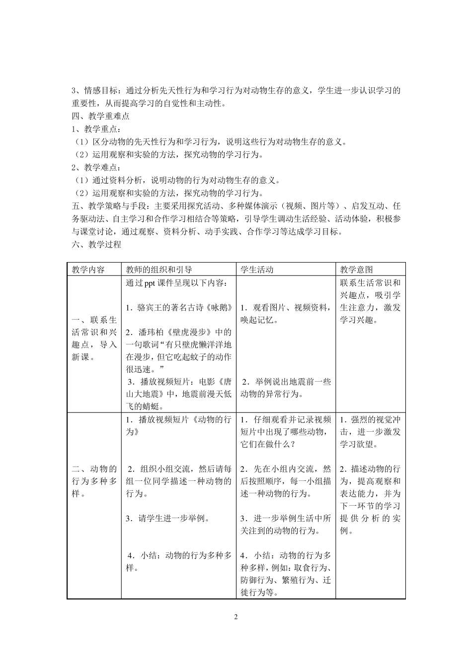 《先天性行为和学习行为》教学设计_第2页
