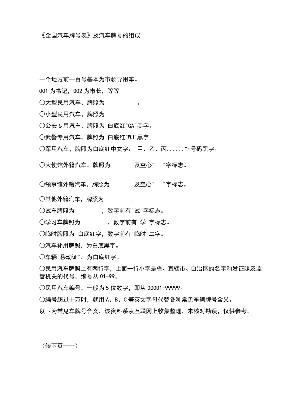 《全国汽车牌号表》及汽车牌号的组成_第1页