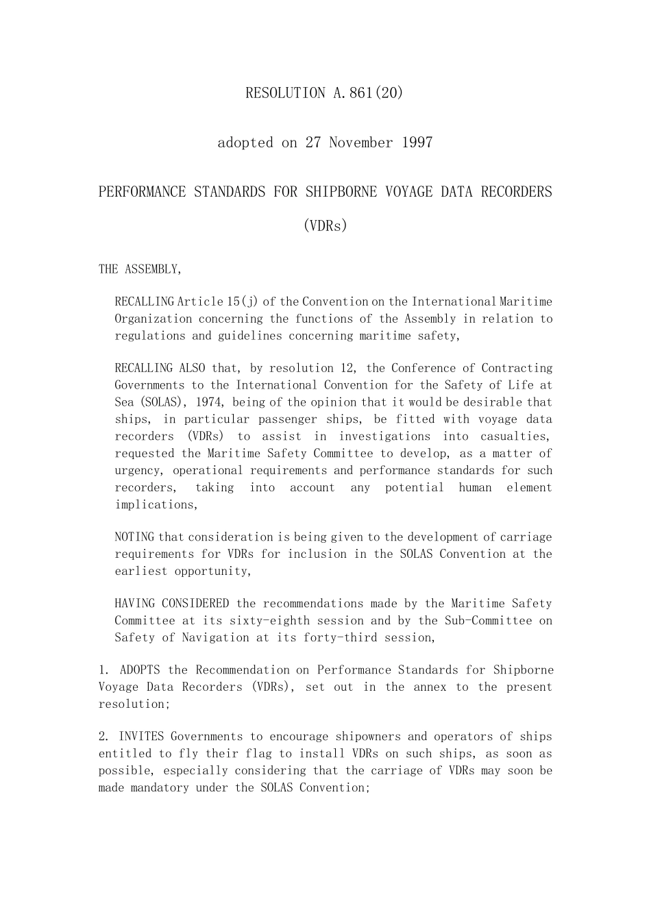 《关于航行数据记录仪(VDR)性能标准的建议案》A.861(20)_第1页
