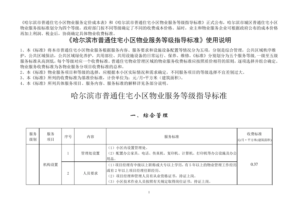 《哈尔滨市普通住宅小区物业服务等级指导标准》《哈尔滨市普通住宅小区物业服务定价成本表》_第1页