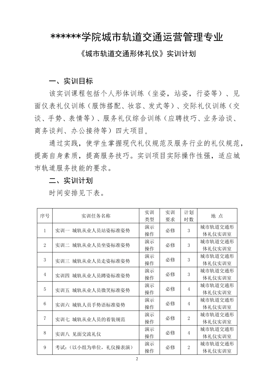 《城市轨道交通形体礼仪》实训课程计划及教案_第2页
